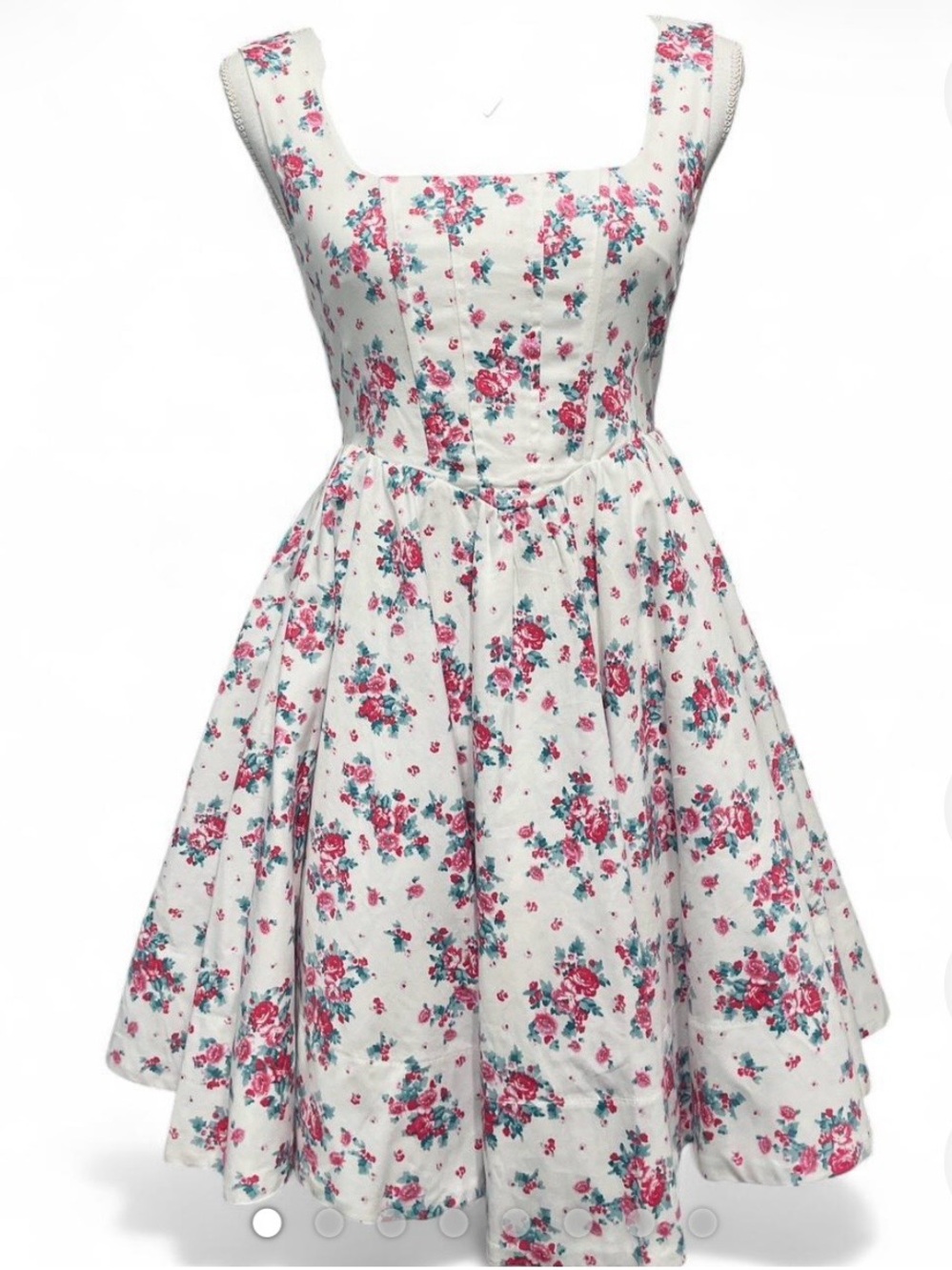 Altar'd State White Floral Lace-Up Mini Dress with Pink & Teal Roses